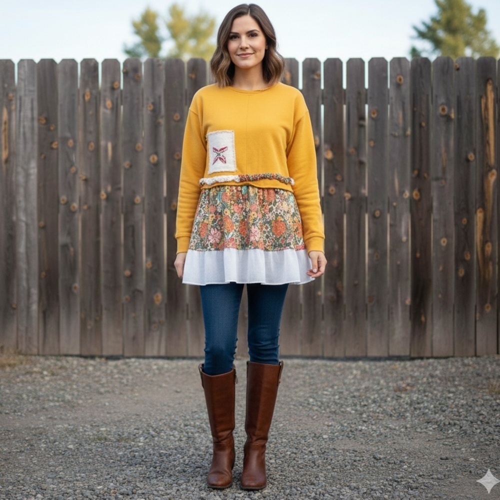 Upcycled mustard sweatshirt floral peplum and trim primitive embroidery Small​​